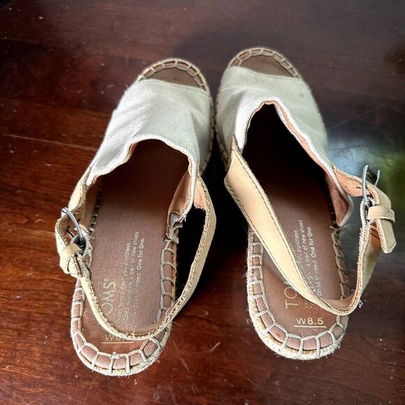 TOMS Women's Wedge Sandals 8.5 Natural Canvas Espadrille Peep Toe Heels Beige - Picture 11 of 11